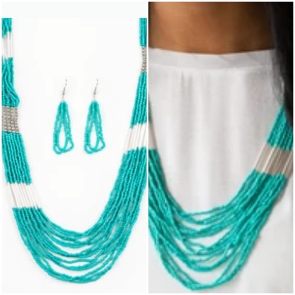 LET IT BEAD BLUE SEABEAD NECKLACE/EARRING SET